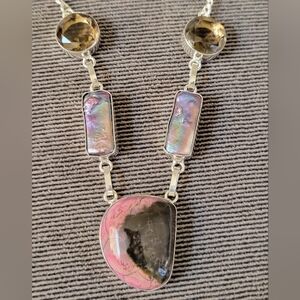 Unique Smoky Quartz Keshi Pearl Pink Black Opal Multi Stone 925 silver necklace